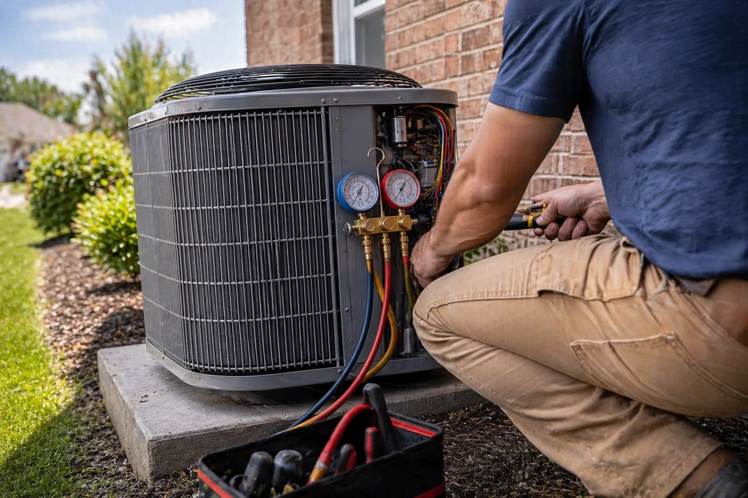 Residential AC condenser unit beside a Southlake, TX home