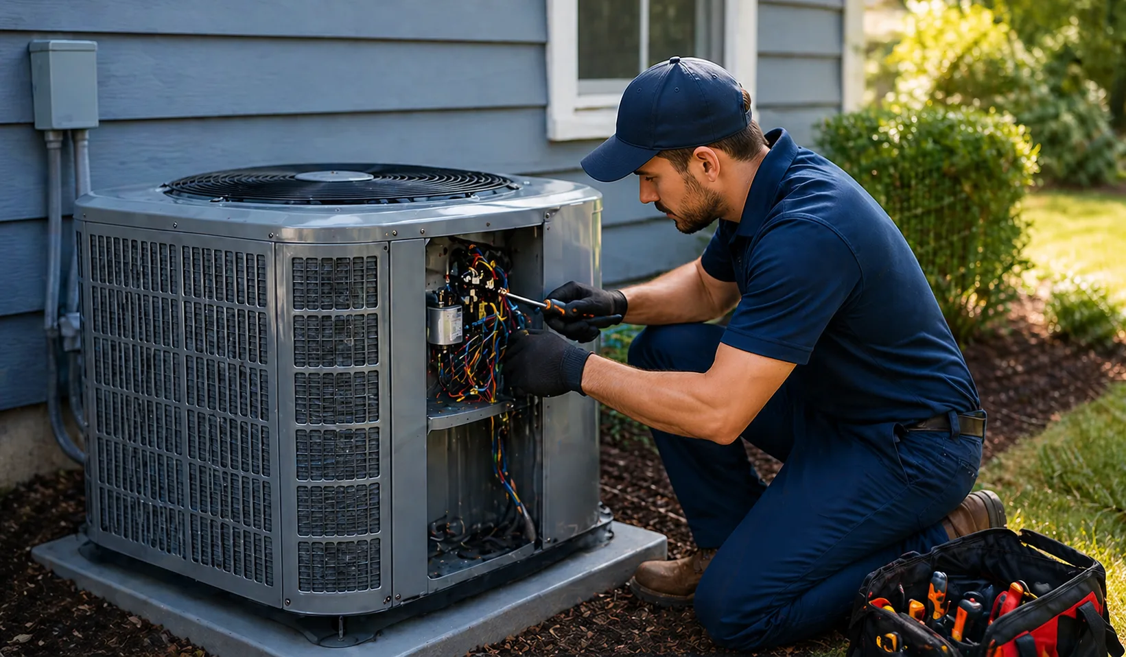 Southlake HVAC technician inspecting a residential AC unit with diagnostic tools